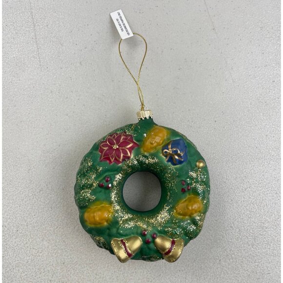Christmas Wreath Ornament NEW Glass Gold Glitter Bells Holiday 3D Donut Shape - Picture 1 of 3